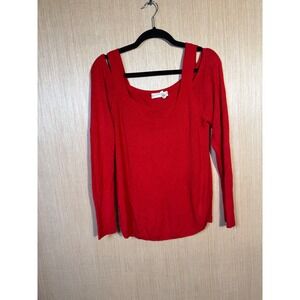 by Anthropologie Red Ribbed Knit Long Sleeve Top with Shoulder Cutouts Size L